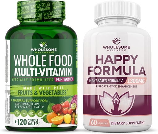 [BRSRAZTQOIARQC3Z] Wholesome Wellness Whole Food Multivitamin for Women - Natural Multi Vitamins, Minerals, Organic Extracts Happy Formula Natural Formula Relief Supplement Bundle
