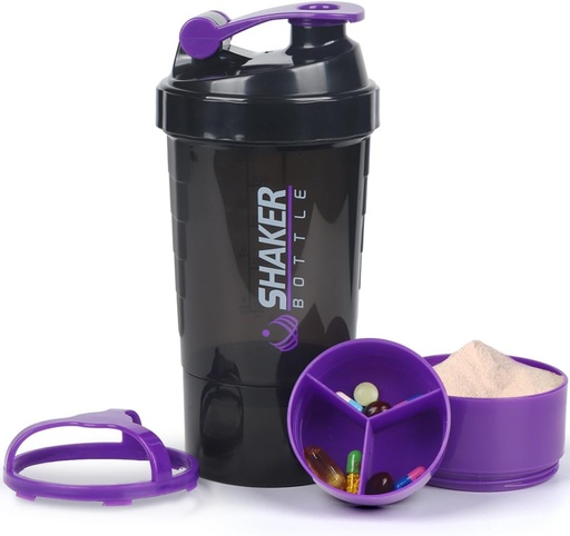 [BRSWGHYKPIIQGEYZ] Protein Shake Bottle, 16 oz Shake Cup untuk bubuk protein dengan Penyimpanan, Sports Water Bottle, Non Slip 3 Layer Off 3oz Cups dengan Pill Tray Leak Bukti Botol Shake untuk Protein Mixes