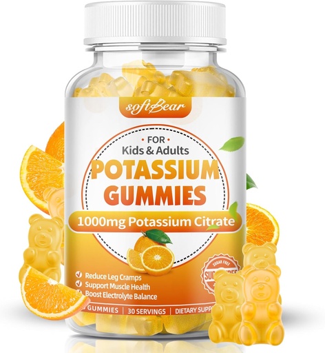 [BRSRAGQ7BAMQOYAU] softbear Potassium Citrate 1000mg, Sugar Free Potassium Gummies for Adults Support Leg Cramps & Muscle Health High Potency Potassium Supplement Gummies Orange Flavor 60 Count