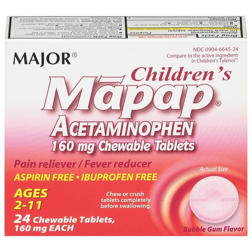 [BRSWI2QRPIOQKCI5] MAJOR Children’s Mapap Acetaminophen 160 mg Chewable Tablets - Pain Reliever/Fever Reducer - Aspirin Free - Ibuprofen Free - for Ages 2 to 11-24 Count (1 Pack)