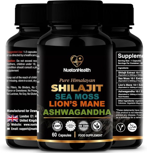 [BRSRAGICOEIWKCYZ] Shilajit, Sea Moss, Lion's Mane, and Ashwagandha Capsules - Comprehensive All-in-One Wellness Supplement for Mind, Body, and Vitality - 60 Vegan Capsules