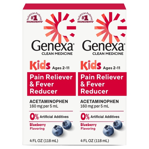 [BRSROGQRCACRYCDX] Genexa Children's Clean Acetaminophen | Pediatrician Preferred Ingredients | Pain & Fever Reducer for Kids | Dye Free, 0% Artificial Additives | Ages 2-11, Delicious Organic Blueberry Liquid, 4 fl oz