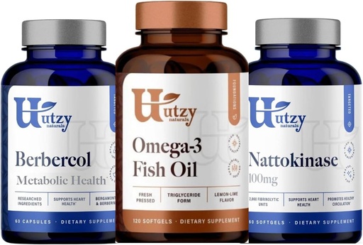 [BRSRAYADAUFQ2CDB] Utzy Naturals Berbercol | 500mg Citrus Bergamot (as Bergamonte) & Berberine, Nattokinase | 100mg + Omega 3 Fish Oil