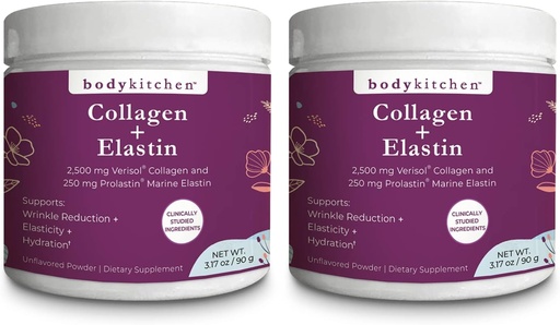 [BRSRMBAECRYWYCD6] Body Kitchen Collagen and 250 mg Elastin Supplement to Aid Signs of Aging, Support Skin Health & Elasticity, Fewer Wrinkles, Unflavored Powder, Tasteless, Odorless, Colorless, 30 Servings (2 Pack)