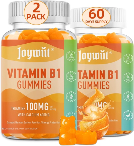 [BRSRAGQ3AAPRY23G] Vitamine B1 Gummies 100mg pour les adultes et les enfants, Thiamine B1 Supplément avec 600mg Calcium, Système nerveux Supports et Boost Energy, Orange Flavor, Non OGM, Vegan, 120 Gummies à croquer