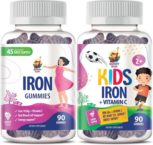 [BRSROC34OF4AIYIZ] SUNNY SAM Iron Gummies for Kids & Adults - Iron Vitamins with Vitamin C, 10mg per Serving - Iron Chewable Fruit Gummy for Immune Support Red Blood Cell Production
