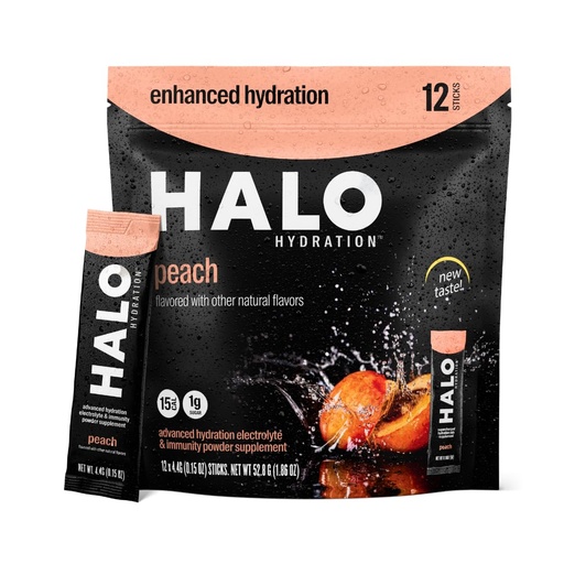 [BRSW2EIBBMCBQAI7] HALO Hydration - Electrolyte Drink Mix | Hydration Powder Packets | Peach Flavor– For Sports and Cycling | Easy Open Single Serving Stick | 12 Sticks