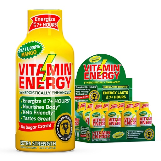 [BRSRAHAHAACRUHTB] Vitamin Energy B12 11,000% Extra Strength Energy Shot Mango 12 Pack, 260mg Natural Caffeine, B12 & B6, Nootropic Focus, Vitality, Zero Sugar, Gluten-Free, Vegan, Kosher, 1.93 fl oz